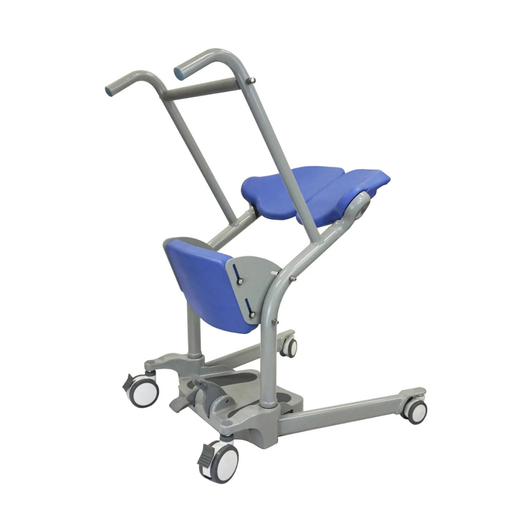 The Mobile PatientLift Ascend & Go Sit-to-Stand Patient Lift features a silver frame, blue padded seat, knee supports, and four caster wheels for safe transfers and reliable support for individuals with limited mobility.
